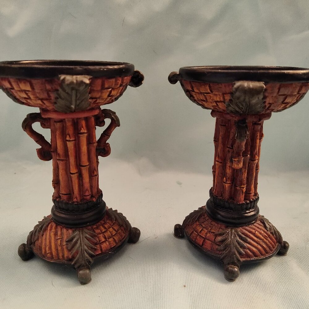 2 Ceramic 10" Pillar Footed Decorative Candle Holder Bamboo Look Tribal